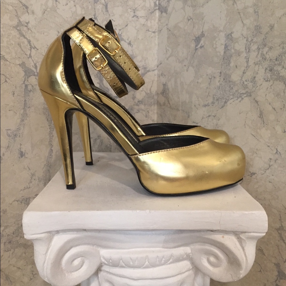 Colin Stuart gold platform heels ankle strap S 6.5